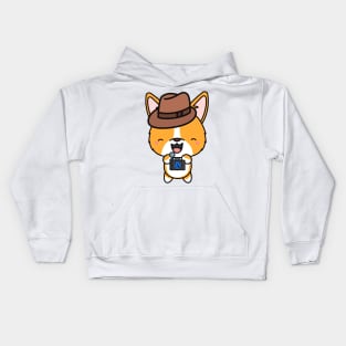 Funny corgi is holding a camera Kids Hoodie